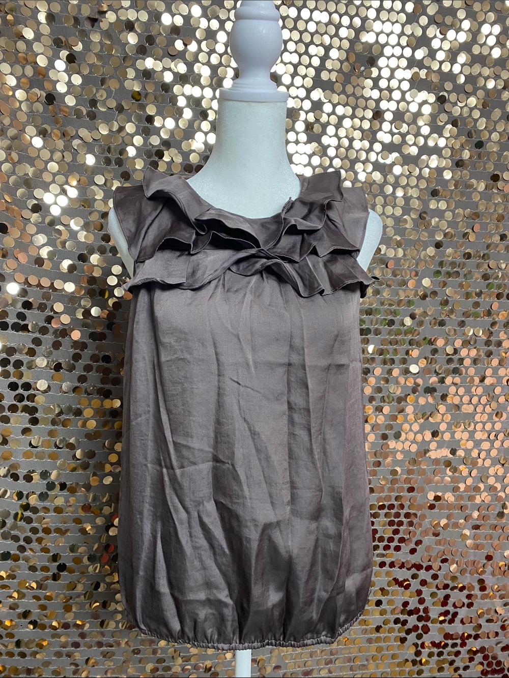 LOFT Taupe Ruffled-Neck Sleeveless Bubble-Hem Camisole #1568